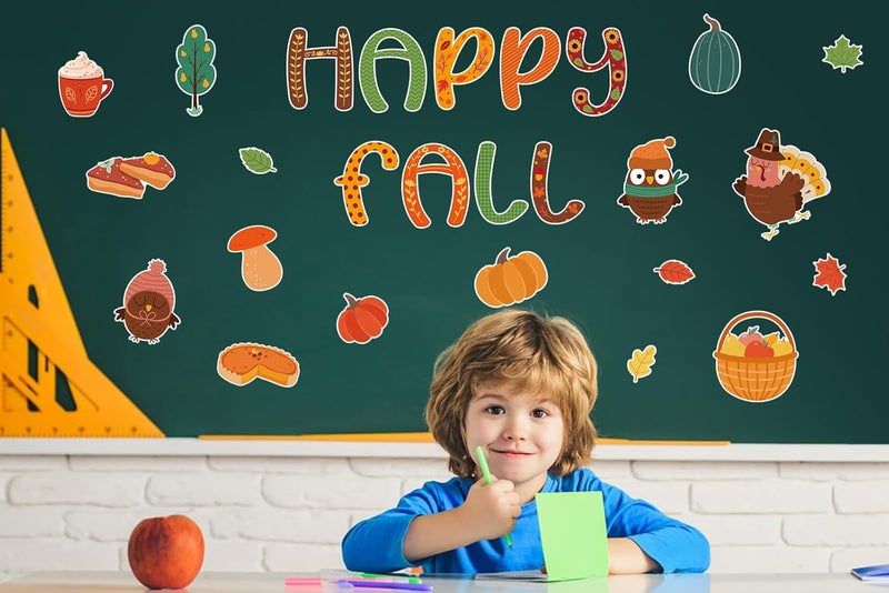 SICOHOME 50pcs Happy Fall Classroom Bulletin Board Decorations Pumpkin Maple Leaves Turkey Cut Outs Fall Classroom Bulletin Border for Autumn Harvest Halloween Thanksgiving Party Decoration Supplies - Image 3